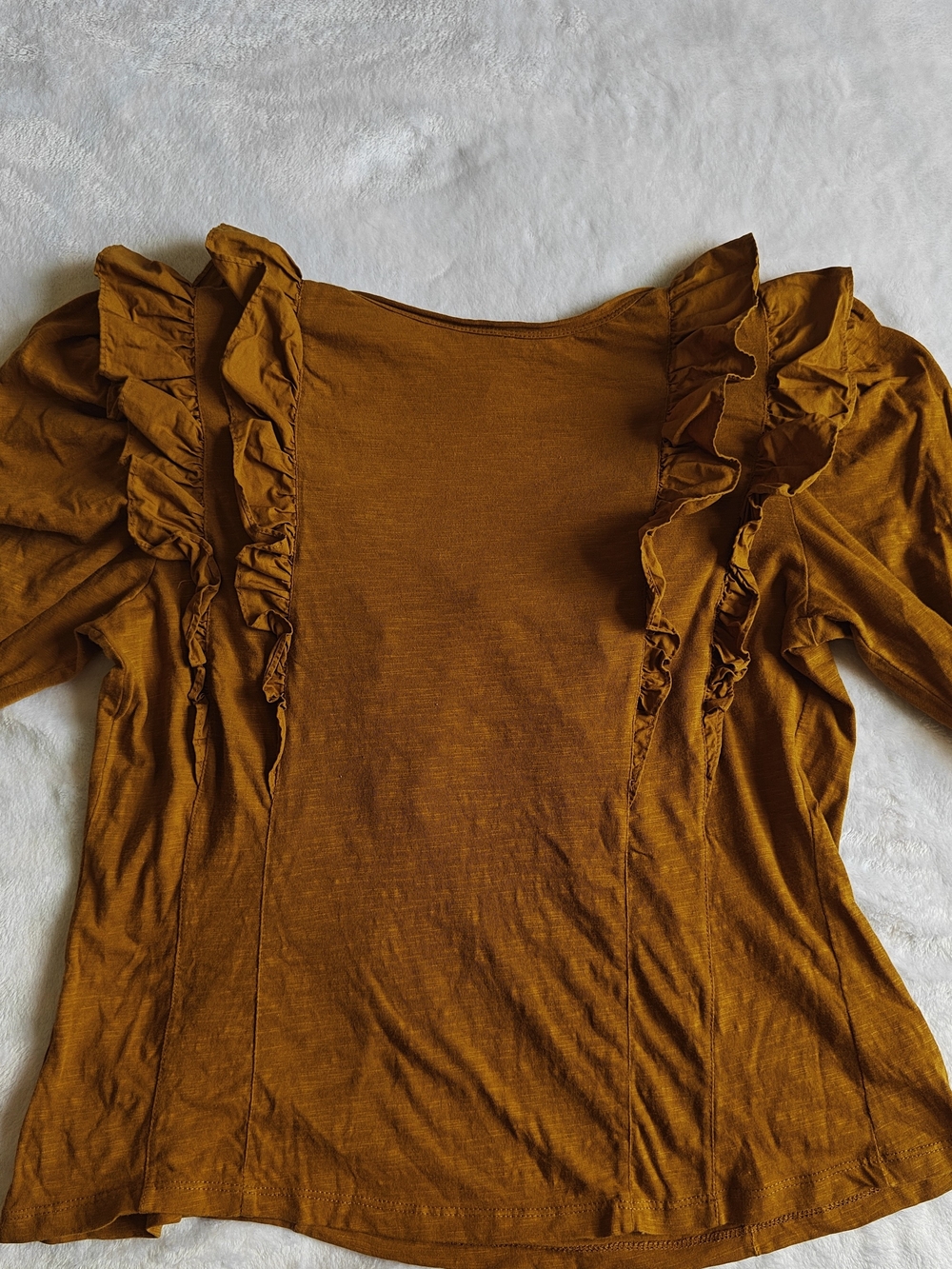 Anthropologie Women Solid Mustard Cotton Knit Ruffle V-Neck Puff Sleeve Blouse L - Picture 8 of 10
